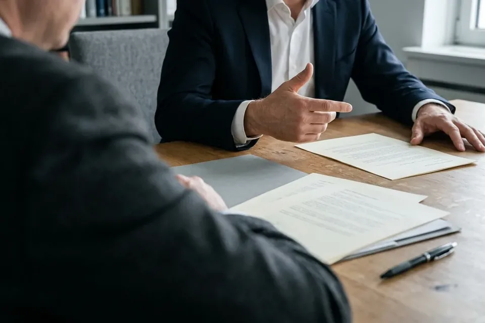 Zwei Personen an einem Tisch mit Unterlagen