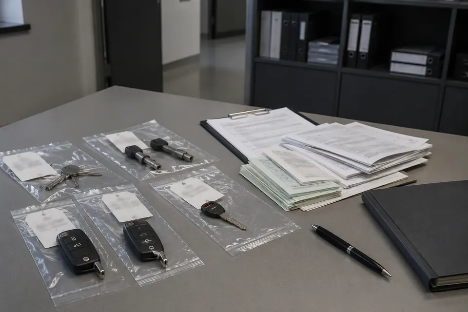 Beschriftete Fahrzeugschlüssel und Fahrzeugpapiere auf einem Tisch